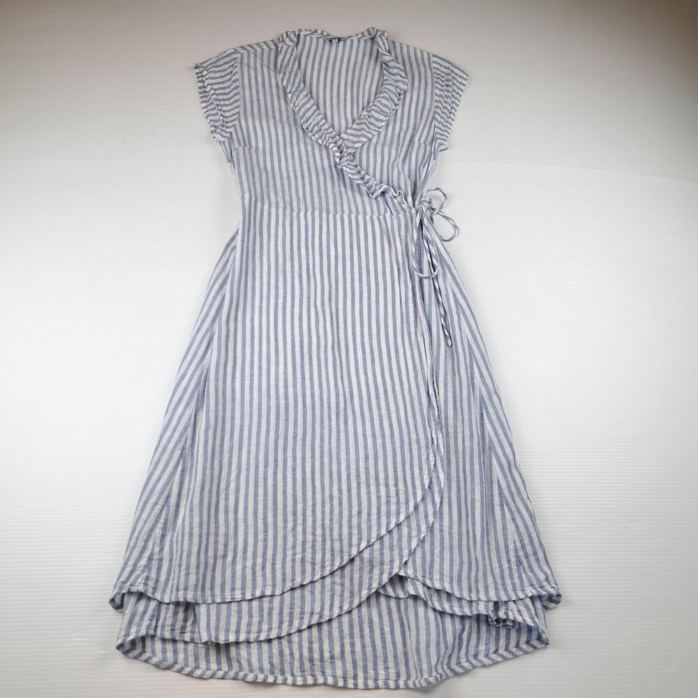 Rails Dress Womens Medium Blue Striped Wrap Linen V Neck Ruffle Hi Low Sundress